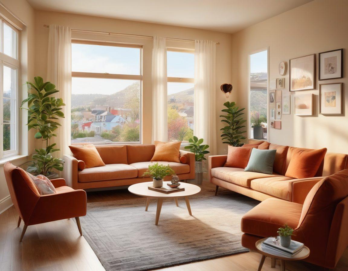 A cozy living room scene with a young couple reviewing home-buying documents while surrounded by elements symbolizing love, like a heart-shaped cushion and a small plant. The room has soft lighting, warm colors, and a window showcasing a picturesque neighborhood view. In the background, display icons of financial elements like dollar signs and house keys subtly integrated into the decor. warm and inviting atmosphere. super-realistic. vibrant colors.
