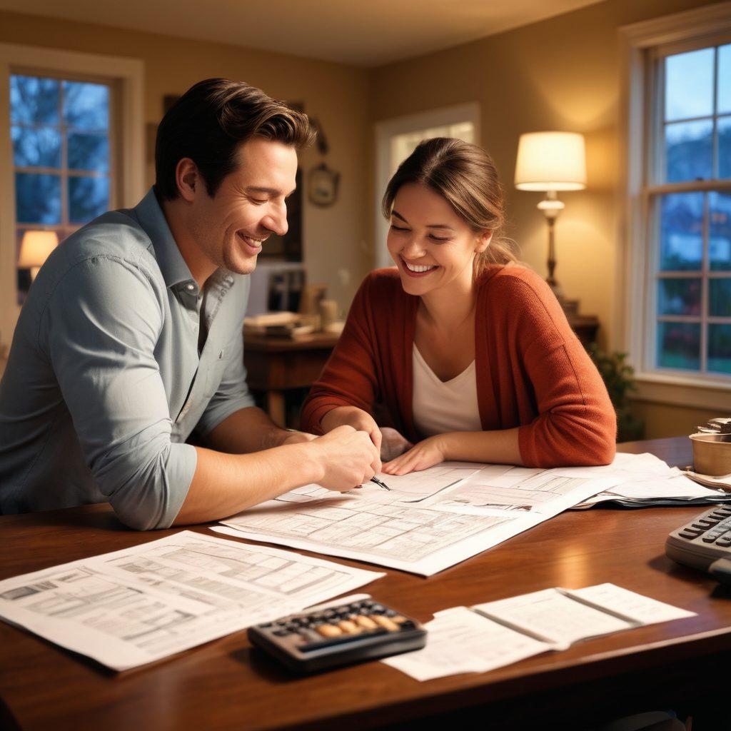 A harmonious scene depicting a couple joyfully exploring a cozy home, surrounded by real estate documents and tools like a calculator and house keys. The couple shares a moment of laughter, symbolizing the balance between romance and practical home-buying decisions. Soft, warm lighting enhances the emotional connection. Include subtle hints of a modern housing market backdrop with stylish homes in the distance. super-realistic. vibrant colors.